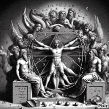 a black and white drawing of a man in a circle surrounded by angels and a sign that says pixiz
