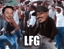 two men are dancing in front of a crowd and the word lfg is on the screen
