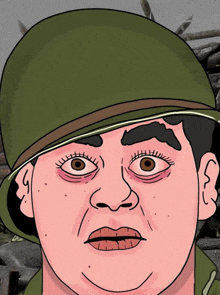 a cartoon of a man wearing a green helmet with a surprised look on his face
