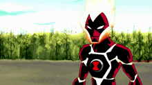 a cartoon character with a black circle around his chest