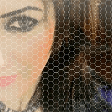 a close up of a woman 's face with a honeycomb pattern in the background