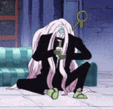 a cartoon character with long pink hair and a key in his head