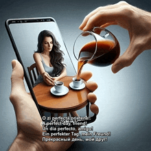 a hand holding a phone with a picture of a woman sitting at a table pouring coffee into two cups