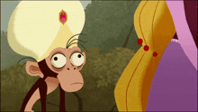 a cartoon of a monkey wearing a turban and looking at a woman