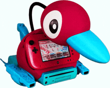 a red and blue toy that looks like a bird with a game on the screen