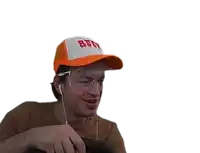 a man wearing a baseball cap with the word beer on it