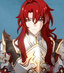 a cartoon character with long red hair is wearing a knight 's outfit