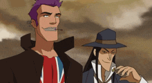 a man with purple hair stands next to another man