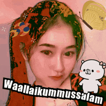 a picture of a woman with a teddy bear and the words waallaikummussalam