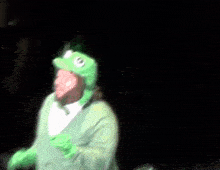 a man wearing a frog hat and green gloves
