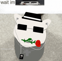 a cartoon of a cat wearing a hat and sunglasses with a rose in his mouth