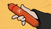 a cartoon hand is holding an orange sausage with a star on it