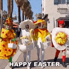 a group of people in easter costumes are walking down a street