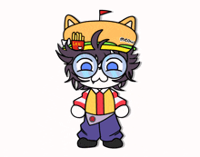 a cartoon drawing of a cat wearing a mcdonald 's hamburger hat