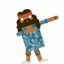 a cartoon of a man with a beard and mustache wearing a blue hawaiian shirt