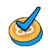 a blue check mark is on a yellow and blue coin .