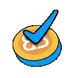 a blue check mark is on a yellow and blue coin .