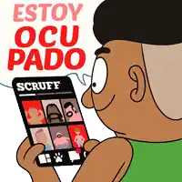a cartoon of a man looking at a phone that says scruff