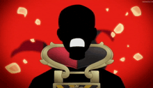 a silhouette of a man with a red and black cape holding a treasure chest