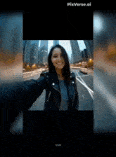 a woman is taking a selfie in front of a city skyline with pixverse.ai at the bottom
