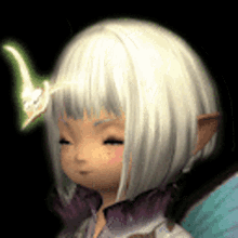 a little girl with white hair and elf ears is wearing a purple top and a purple shirt .