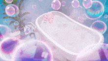 a person is taking a bath in a bathtub surrounded by soap bubbles .