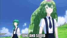 a girl with green hair and the words june and squid written below her