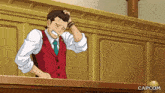 a cartoon of a man in a red vest and tie scratching his head ..