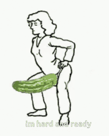 a black and white drawing of a woman with a cucumber sticking out of her butt .