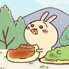 a cartoon rabbit is eating a pancake in a field