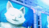 a white cat is sleeping on a blue surface