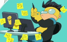 a cartoon drawing of a man sitting in front of a computer with sticky notes stuck to him