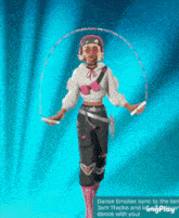 a girl is jumping a jump rope with a blue background