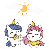 two unicorns are standing next to each other with a sun behind them