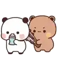a panda and a brown bear are standing next to each other . the panda is holding a bottle of milk .