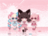 three cute anime girls are standing next to each other on a pink background .