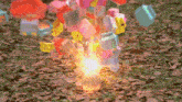 a bunch of boxes are exploding in the grass and one of them says ' mcdonald 's ' on it