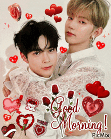 a couple of men hugging each other with the words good morning