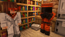 two minecraft characters standing next to each other in a room