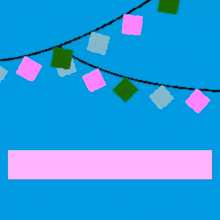 a blue background with pink green and white squares and arabic writing on it