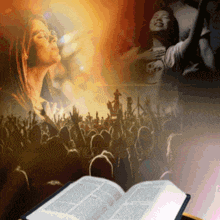 an open bible with a crowd behind it