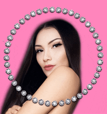 a woman is surrounded by a circle of diamonds