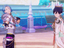 two anime characters are standing next to each other in a park .