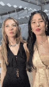 two women are standing next to each other and one is wearing a necklace