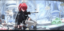 a girl with red hair is holding a gun in her hand