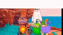 a group of monsters are standing next to each other on a beach .