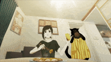 a woman is sitting at a table with chopsticks while a black cat holds a glass of beer