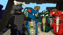 a group of lego ninjago characters including a snake and a samurai