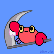 a cartoon crab holding a scythe with the word pikaole underneath it