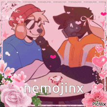a couple of cartoon characters sitting at a table with the name nemojinx on the bottom
